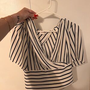 White and Blue Crop Wrap Blouse
